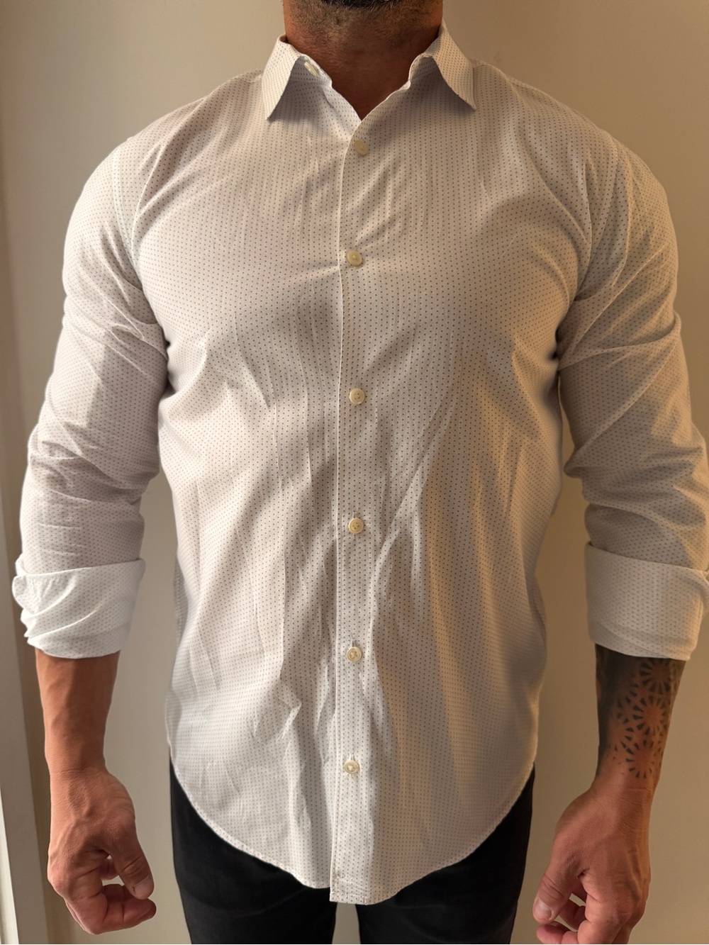 Theory Men's Sylvain “stretch” Shirt in White with Small Blue Dots